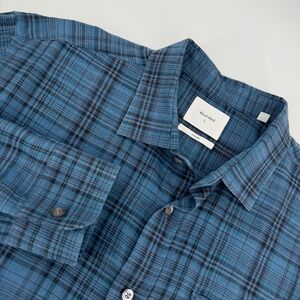Billy Reid Large Linen Mens Plaid Long Sleeve Button Down Shirt Blue Black